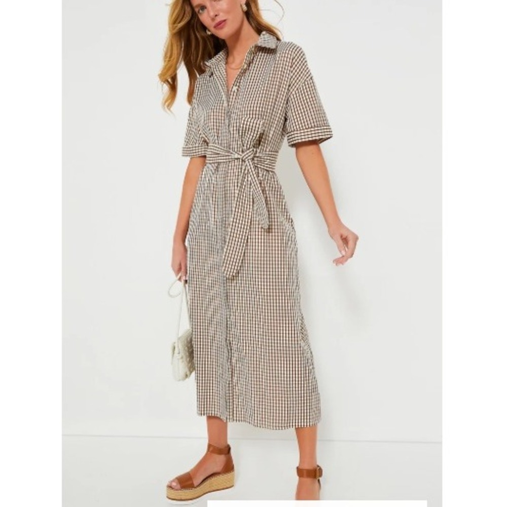Tuckernuck/Pomander Place Beige & Black Gingham Midi Shirt Dress